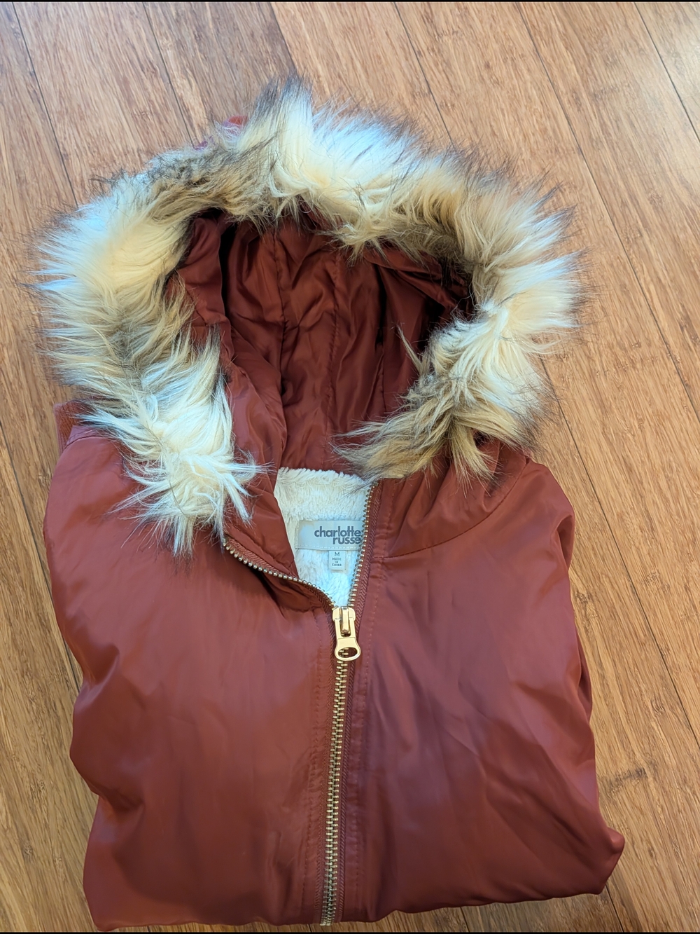 Charlotte Russe Rust Hooded Puffer Jacket with Faux Fur Trim